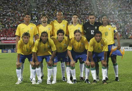 Brazil's Olympic soccer players pose before their friendly soccer match against Singapore in Singapore July 28, 2008.