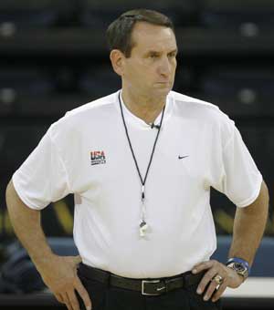 U.S. basketball team head coach Mike Krzyzewski attends a training session for the Beijing Olympics at the Venetian Macao-Resort-Hotel in Macau on July 29, 2008.