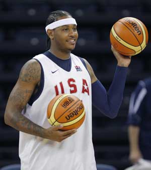 U.S. basketball team player Carmelo Anthony attends a training session for the Beijing Olympics at the Venetian Macao-Resort-Hotel in Macau on July 29, 2008.
