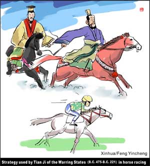 The cartoon shows the event of equestrian of the Beijing 2008 Olympic Games, using characters which are originated from ancient Chinese tales.