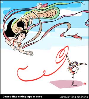 The cartoon shows the event of gymnastics rhythmics of the Beijing 2008 Olympic Games, using characters which are originated from ancient Chinese tales. Chinese traditions add new vigor to the Olympic culture.