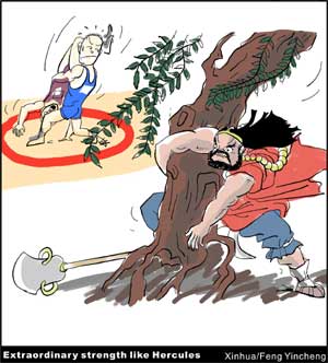 The cartoon shows the event of weightlifting of the Beijing 2008 Olympic Games, using characters which are originated from ancient Chinese tales.