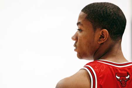 Chicago Bulls rookie Derek Rose, the number one overall pick in the 2008 NBA Draft, is photographed by the trading card company Topps during the 2008 Rookie Photo Shoot in Tarrytown, New York, July 29, 2008.