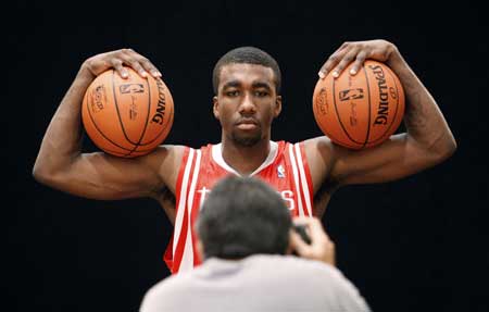 Houston Rockets rookie Donte Green is photographed in a set by the trading card company Topps during the NBA 2008 Rookie Photo Shoot in Tarrytown, New York, July 29, 2008. 