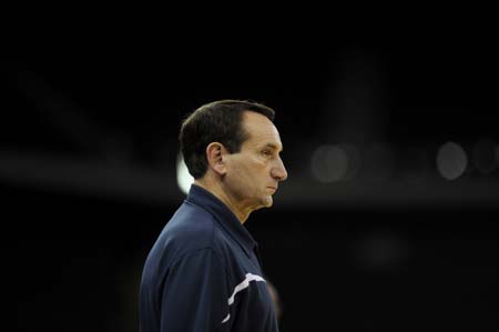 U.S. basketball team head coach Mike Krzyzewski attends a training session for the Beijing Olympics at the Venetian Macao-Resort-Hotel in Macau July 30, 2008. 
