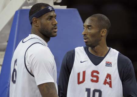 U.S. basketball team players Kobe Bryant (R) and LeBron James attend a training session for the Beijing Olympics at the Venetian Macao-Resort-Hotel in Macau July 30, 2008.