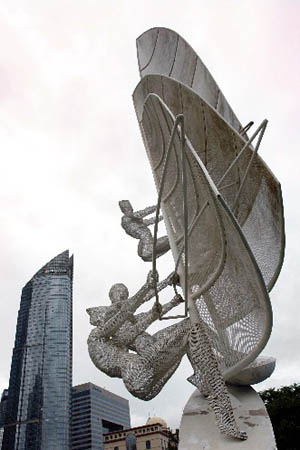 Photo taken on July 30, 2008 shows a sculpture at the Olympic co-host city Qingdao, east of China. The sailing events for the Games of the XXIX Olympiad will be held within Qingdao International Sailing Center, the five water areas outside Fushan Bay. A unique blend of sea and mountains makes Qingdao a well-known summer resort. With an average temperature ranging from 20-28 degrees celsius, the period from July through September is the most agreeable season for the tour.