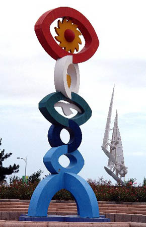 Photo taken on July 30, 2008 shows a sculpture at the Olympic co-host city Qingdao, east of China. The sailing events for the Games of the XXIX Olympiad will be held within Qingdao International Sailing Center, the five water areas outside Fushan Bay. A unique blend of sea and mountains makes Qingdao a well-known summer resort. With an average temperature ranging from 20-28 degrees celsius, the period from July through September is the most agreeable season for the tour.