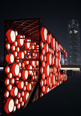 Illuminated drums forming a wall can be seen at night in the underground square of the Olympic Green in Beijing July 28, 2008. Located to the north of the Bird's Nest, the underground square gives a presentation of Chinese culture. 