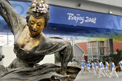 A sculpture in the shape of a beauty from Tang Dynasty can be seen in the underground square of the Olympic Green in Beijing July 28, 2008. Located to the north of the Bird's Nest, the underground square gives a presentation of Chinese culture.