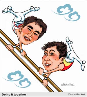 The cartoon shows two male gymnasts, Li Xiaopeng from China and Kim Dae Eun from the Republic of Korea, who will compete in the Beijing 2008 Olympic Games.