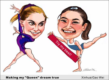 The cartoon shows two female gymnasts, Jiang Yuyuan from China and Shawn Johnson from the U.S.A. , who will compete in the Beijing 2008 Olympic Games.