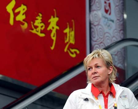 German Olympic women&apos;s football team coach Silvia Neid arrives at the Taoxian International Airport of Olympic co-host city Shenyang, capital of northeast China&apos;s Liaoning Province, July 31, 2008. 