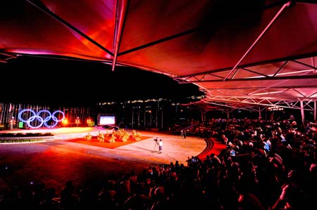 Photo taken on Aug. 2, 2008 shows the cultural performance staged at night in the Olympic Village in Beijing, China. (Xinhua/Zhang Guojun) 