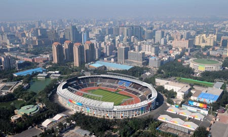 The aerial photo taken on August 2, 2008 shows the Beijing Workers' Stadium in Beijing, China. The men's and women's football competition of the Beijing 2008 Olympic Games will be held there. (Xinhua/Chen Kai) 