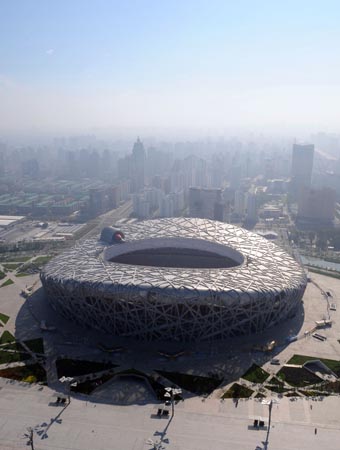 The aerial photo taken on August 2, 2008 shows the National Stadium, also known as the Bird's Nest, in Beijing, China. The athletics competition and men's football final of the Beijing 2008 Olympic Games will be held there. (Xinhua/Guo Dayue) 