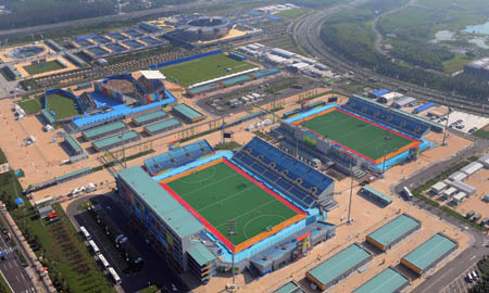 The aerial photo taken on August 2, 2008 shows the Beijing Olympic Green Hockey Stadium in Beijing, China. The hockey competition of the Beijing 2008 Olympic Games will be held there. (Xinhua/Chen Kai)