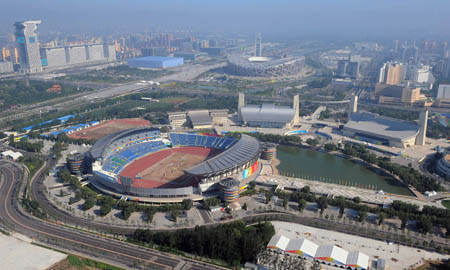 The aerial photo taken on August 2, 2008 shows the Olympic Sports Center Stadium in Beijing, China. The modern pentathlon competition of the Beijing 2008 Olympic Games will be held there. (Xinhua/Chen Kai)