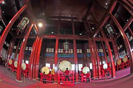 Photo taken on Aug. 3, 2008 shows the interior of the hall on the 2nd floor in Drum Tower in Beijing, capital of China. Bells and Drums were used by the ancient Chinese to tell times. 