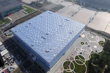 The aerial photo taken on August 2, 2008 shows the National Aquatics Center, namely the Water Cube in Beijing, China. (Xinhua/Guo Dayue) 