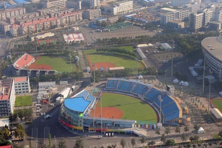 The aerial photo taken on August 2, 2008 shows the Fengtai Sports Center Softball Field in Beijing, China. The softball competition of the Beijing 2008 Olympic Games will be held there. (Xinhua/Chen Kai)