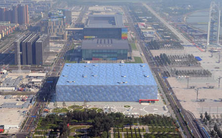 The aerial photo taken on August 2, 2008 shows the National Aquatics Center, namely the Water Cube, in Beijing, China. The swimming and diving competitions of the Beijing 2008 Olympic Games will be held there. (Xinhua/Chen Kai) 