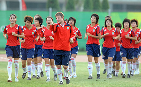 The Chinese women's football team during training at Tianjin Olympic Center Stadium, August 4, 2008.