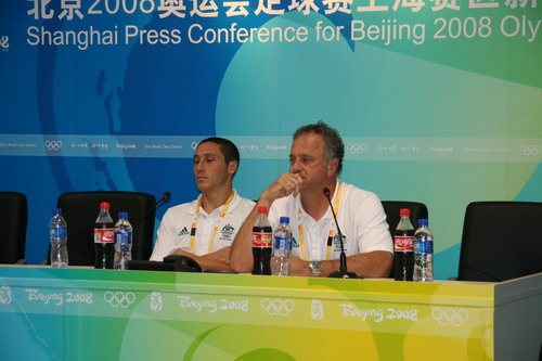 Head coach Arnold and captain Mark of Australian Olympic soccer team are answering questions at the press conference on Tuesday evening.