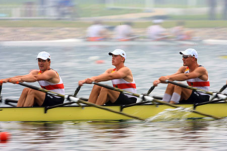 Three German rowers during a training session at Shunyi Olympic Rowing & Canoeing Park on August 4, 2008. The Olympic rowing competition will take place on August 9, 2008 at the Park. [Xinhua]