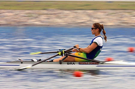 A female Brazilian rower takes rowing training at Shunyi Olympic Rowing-Canoeing Park on August 4, 2008. The Olympic rowing competition will take place on August 9, 2008 at Shunyi Olympic Rowing-Canoeing Park. [Xinhua]
