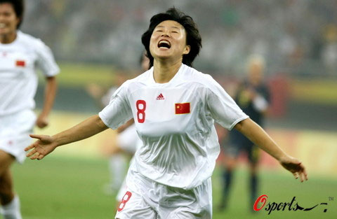 Chinese striker Xu Yuan steers the ball into the empty net after midfielder Zhang Na's powerful long shot bounced off the left post, August 6, 2008. 