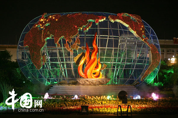 Nightscape of Tiananmen Square, Beijing on August 4, 2008. Photo by Li Xiaoqi