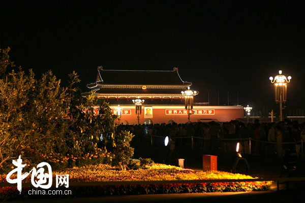 Nightscape of Tiananmen Square, Beijing on August 4, 2008. Photo by Li Xiaoqi