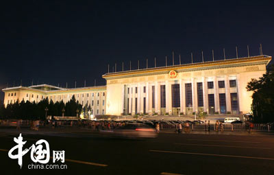 Nightscape of Tiananmen Square, Beijing on August 4, 2008.