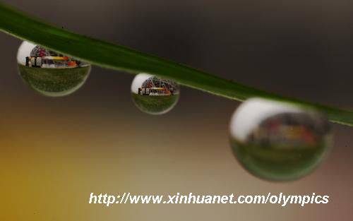 The National Stadium, nicknamed Bird's Nest, is seen in the dewdrop in this photo rotated 180 degrees in Beijing, China, Aug 8, 2008. The opening ceremony of the Beijing 2008 Olympic Games will be held in the National Stadium at 8 p.m. on Aug 8. [Xinhua] 