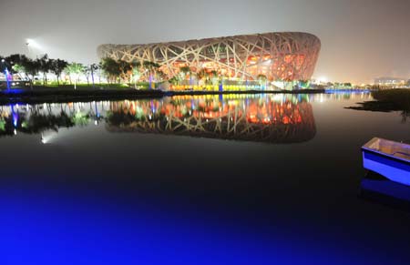 Photo taken at the midnight on Aug. 8, 2008 shows the National Stadium, namely the Bird&apos;s Nest, in Beijing, China, 20-hour countdown to the opening ceremony of the Olympics. The opening ceremony of the Beijing 2008 Olympic Games will be held in the Bird&apos;s Nest at 8 p.m. on Aug. 8.[Xinhua]