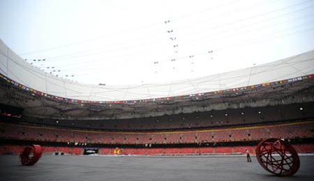 Photo taken at about 3:30 p.m. on Aug. 8, 2008 shows the inside view of the National Stadium, known as the Bird's Nest, in Beijing, China. The opening ceremony of the Beijing 2008 Olympic Games will be held in the National Stadium at 8:00 p.m. on Aug. 8. (Xinhua/Li Ga)