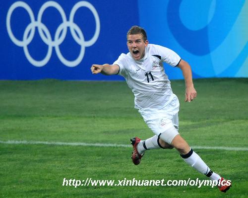 Jeremy Brockie of New Zealand celebrates after a goal during the Beijing Olympic Games men's football Group C first round match against China at Shenyang Olympic Stadium.