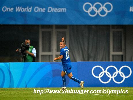 Sebastian Giovinco of Italy celebrates after scoring during the first round Group D match of men's football between Italy and Honduras at the Beijing Olympic Games in Qinhuangdao.