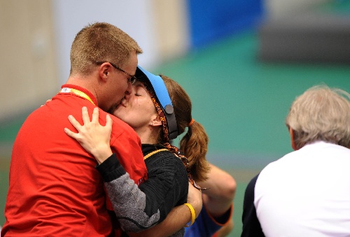 Markswoman Katerina Emmons of Czech celebrates with his husband after women's 10m Air rifle final of Beijing Olympic Games at Beijing Shooting Range Hall in Beijing, China, Aug. 9, 2008. 