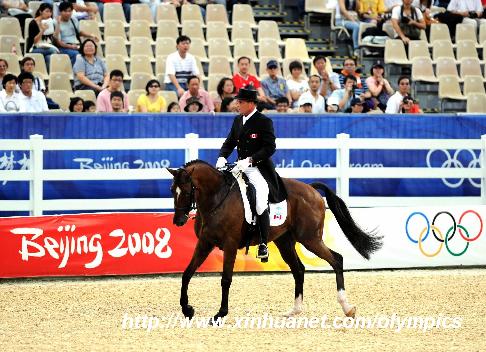 Canada's rider Kyle Carter rides his horse Madison Park during eventing dressage competition held at Hong Kong Olympic Equestrian Venue (Sha Tin) in the Olympic co-host city of Hong Kong, south China, Aug. 9, 2008. 