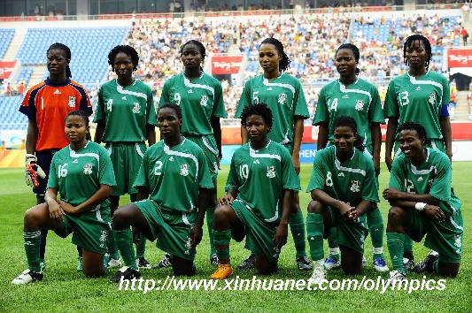 Photo taken on Aug. 9, 2008 shows the starting lineup of Nigeria women's Olympic football team before their Beijing Olympic women's football tournament Group G match against Germany in Shenyang, Olympic co-host city in northeast China's Liaoning Province, Aug. 9, 2008. (Xinhua/Ren Yong)