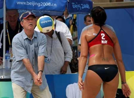 Bush plays beach volleyball with home team 