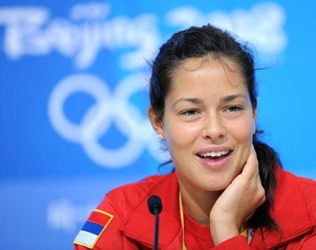 Tennis player Ana Ivanovic of Serbia attends a news conference to announce her withdrawal from the Olympic tennis event due to her injury in Beijing, China, Aug. 10, 2008. Ana Ivanovic is the world number one and newly-crowned French Open women's singles champion. (Xinhua/Xing Guangli) 