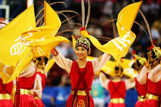 A Chinese basketball cheering squad performs on Sunday in the men's basketball match between China and the United States at the 2008 Games.