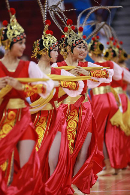 A Chinese basketball cheering squad performs on Sunday in the men's basketball match between China and the United States at the 2008 Games.