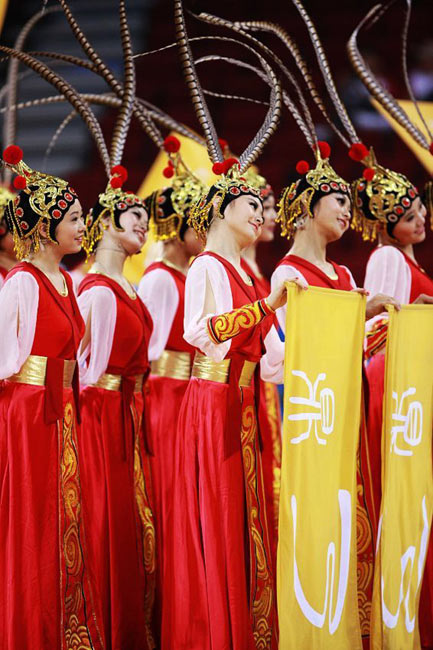 A Chinese basketball cheering squad performs on Sunday in the men's basketball match between China and the United States at the 2008 Games.