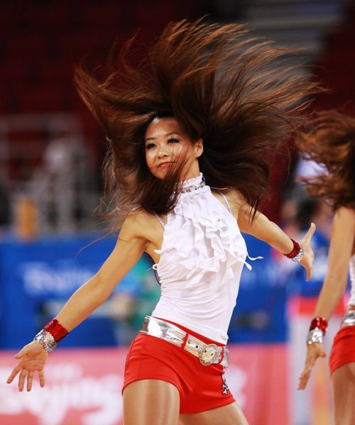 A Chinese basketball cheering squad performs on Sunday in the men's basketball match between China and the United States at the 2008 Games.