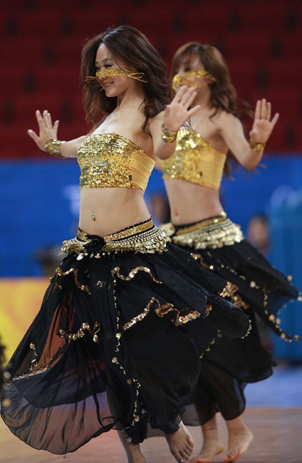 A Chinese basketball cheering squad performs on Sunday in the men's basketball match between China and the United States at the 2008 Games.