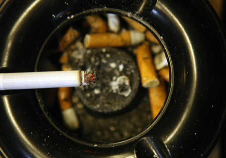 A cigarette lies in ashtray in front of a pub in Bensheim early July 30, 2008.